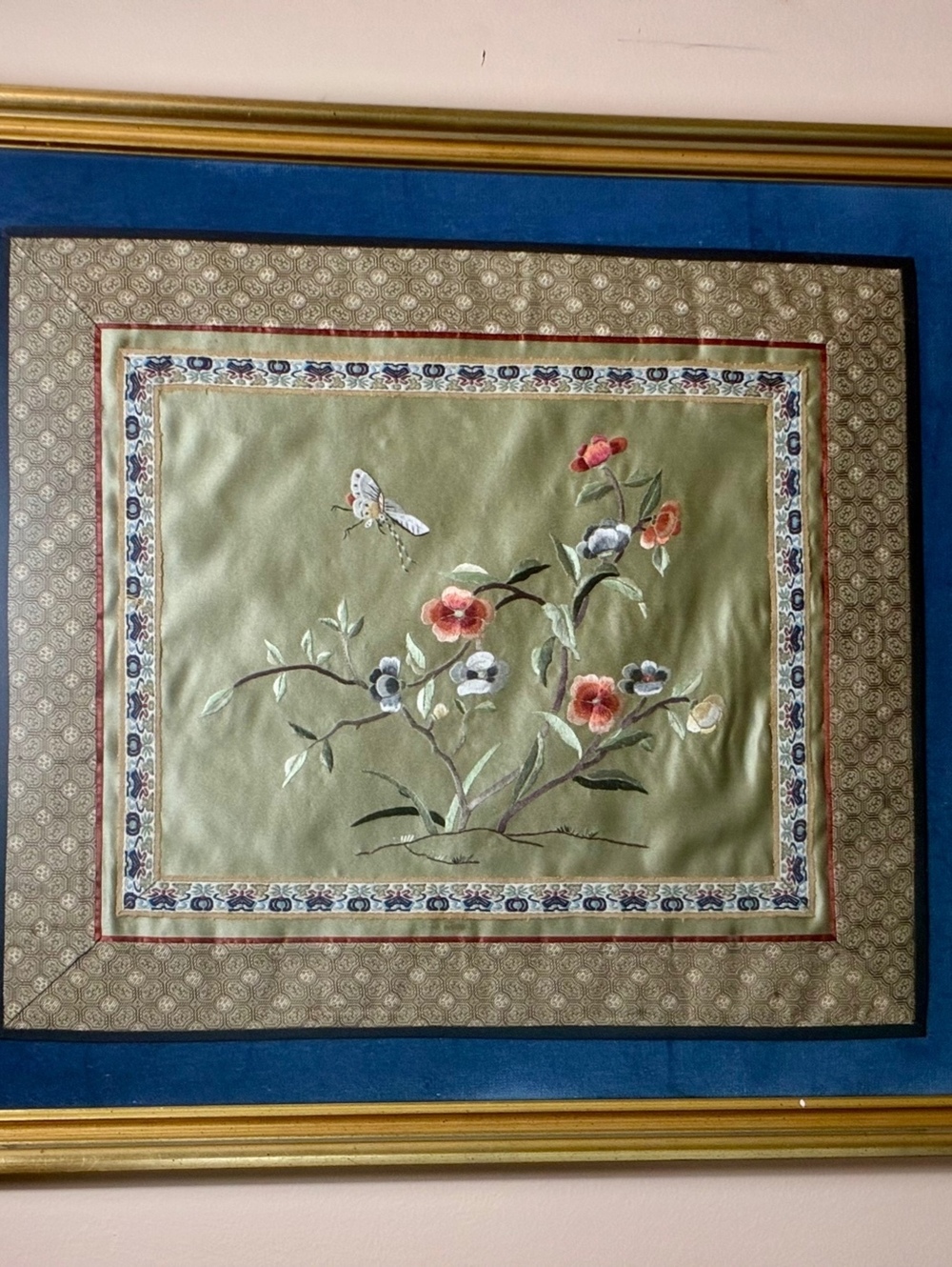 Vintage Chinese Silk Embroidery Framed Art – Butterfly & Flowers – 19" x 21"
